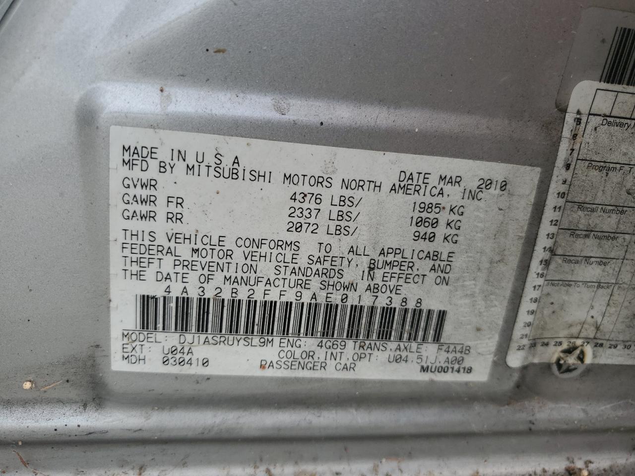 2010 Mitsubishi Galant Fe VIN: 4A32B2FF9AE017388 Lot: 85057135