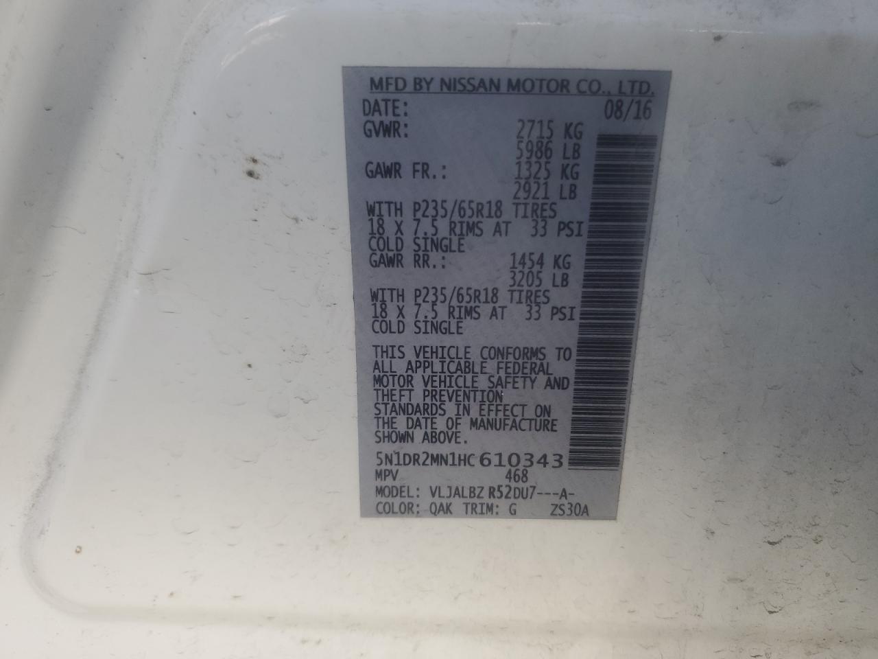 2017 Nissan Pathfinder S VIN: 5N1DR2MN1HC610343 Lot: 85415385