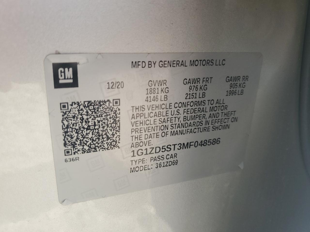 2021 Chevrolet Malibu Lt VIN: 1G1ZD5ST3MF048586 Lot: 85588995