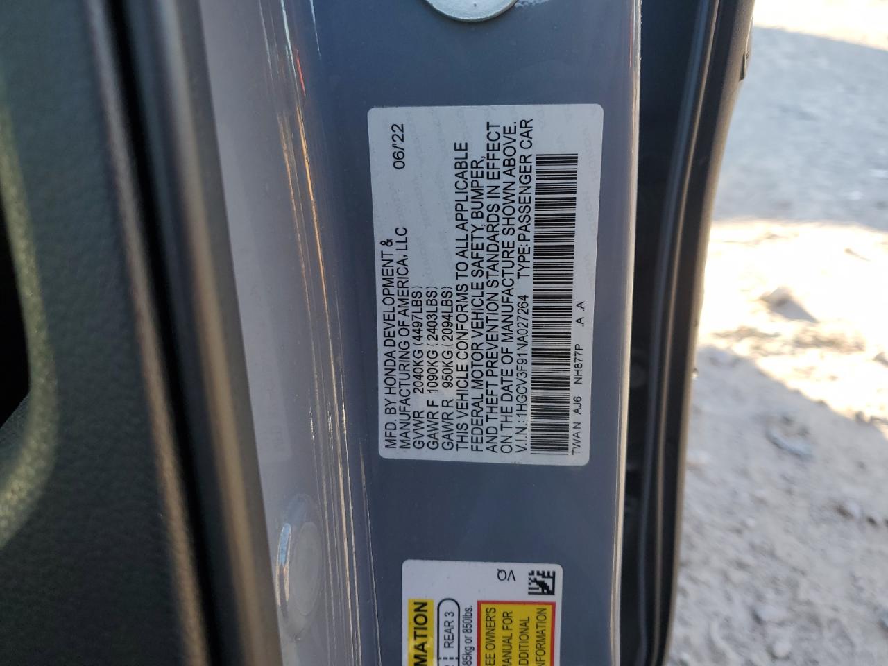 2022 Honda Accord Touring Hybrid VIN: 1HGCV3F91NA027264 Lot: 89906185