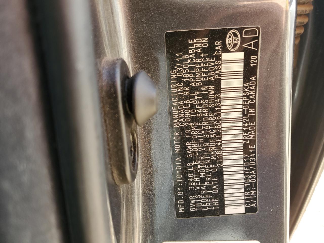 2011 Toyota Corolla Base VIN: 2T1BU4EE2BC611343 Lot: 89653835