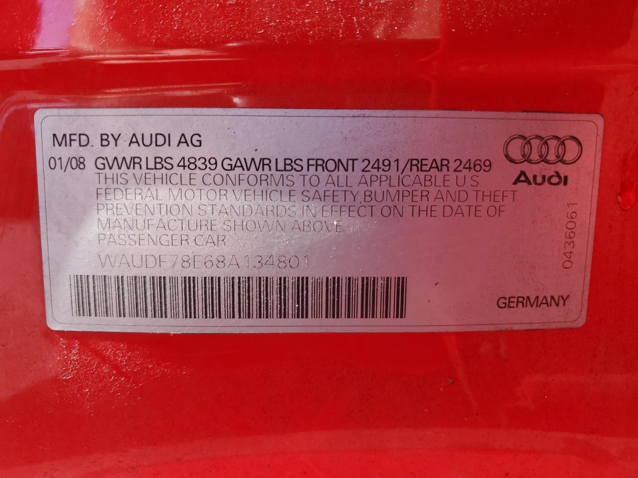 2008 Audi A4 2.0T Quattro VIN: WAUDF78E68A134801 Lot: 84799215
