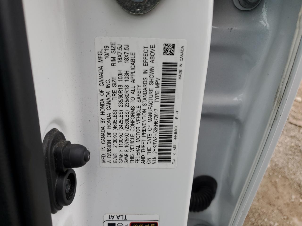 2019 Honda Cr-V Ex VIN: 2HKRW2H52KH672617 Lot: 85916385