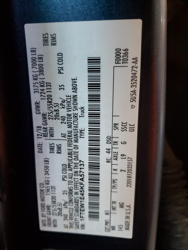 2019 Ford F150 Supercrew VIN: 1FTEW1E45KFA57137 Lot: 85831545