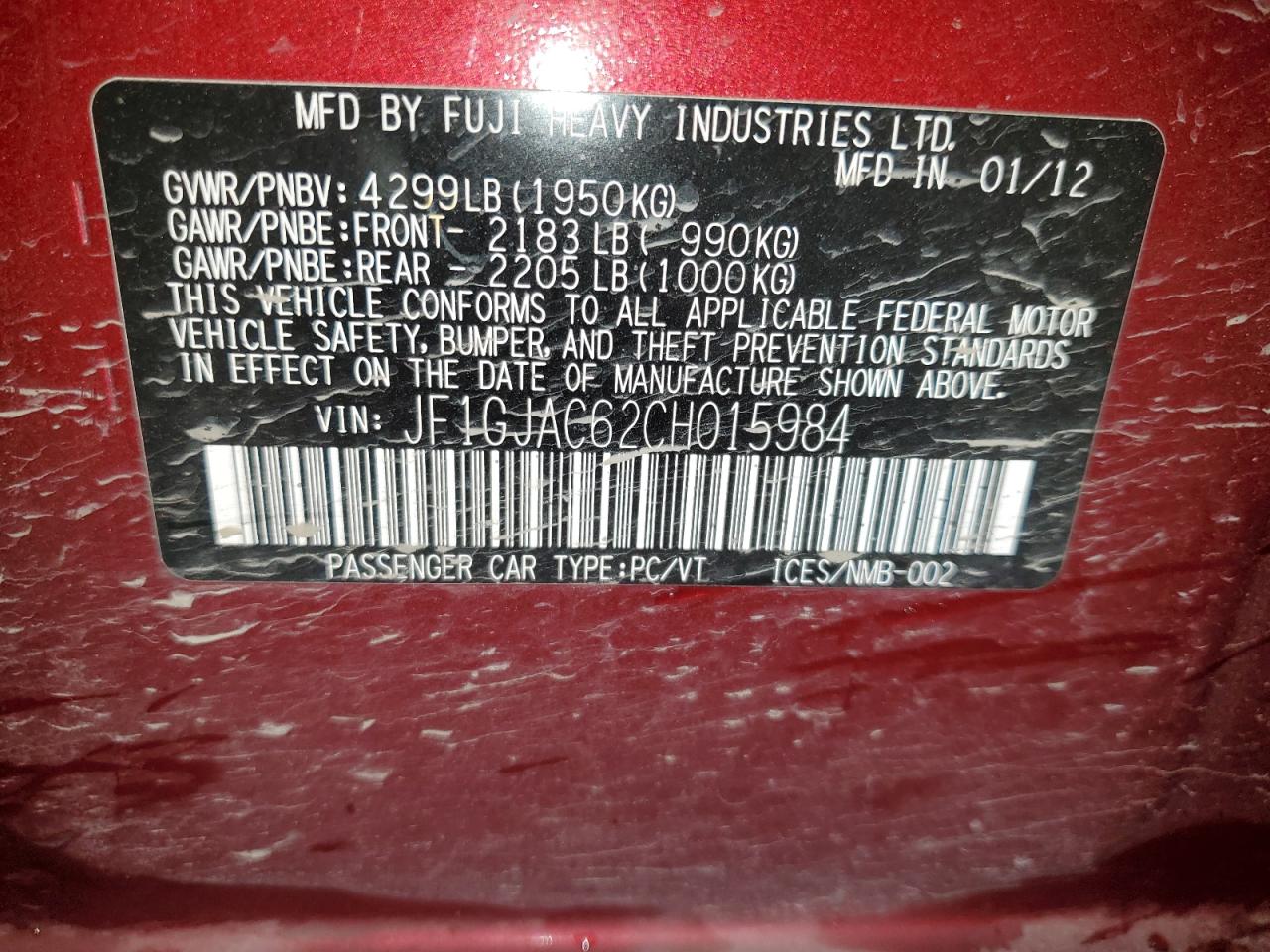 2012 Subaru Impreza Premium VIN: JF1GJAC62CH015984 Lot: 86543625