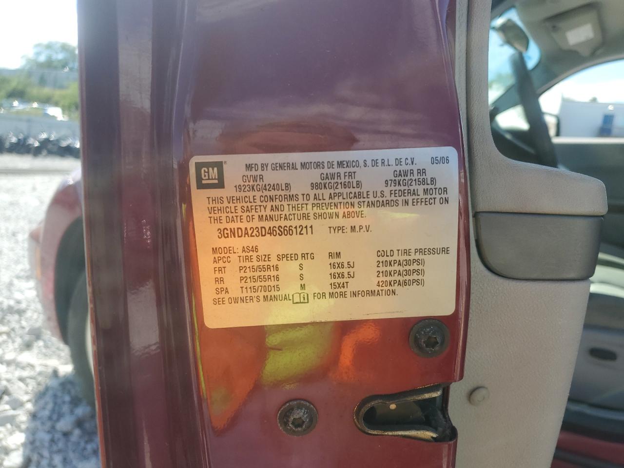 2006 Chevrolet Hhr Lt VIN: 3GNDA23D46S661211 Lot: 84967855