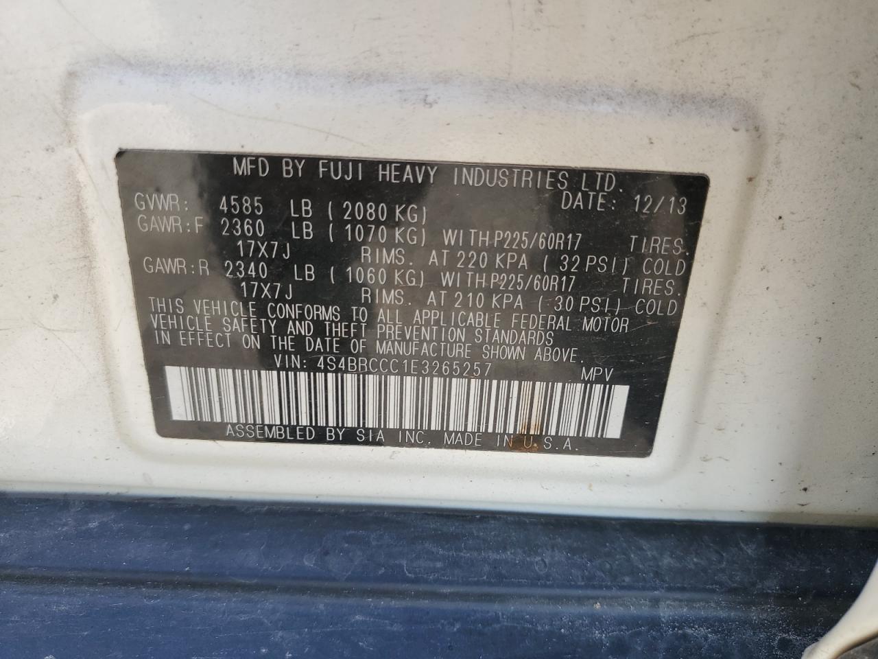 2014 Subaru Outback 2.5I Premium VIN: 4S4BRCCC1E3265257 Lot: 81985155