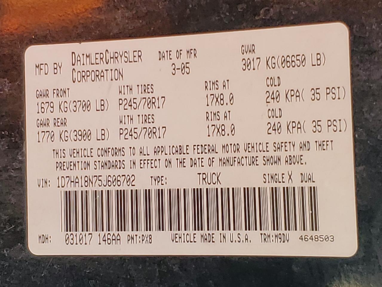 2005 Dodge Ram 1500 St VIN: 1D7HA18N75J606702 Lot: 82690495