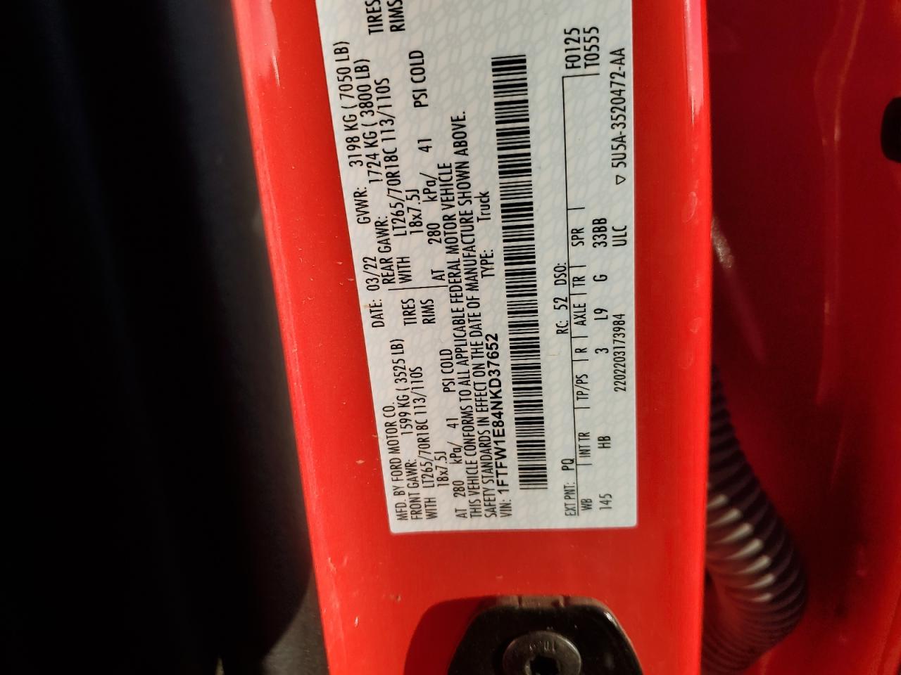 2022 Ford F150 Supercrew VIN: 1FTFW1E84NKD37652 Lot: 85708395