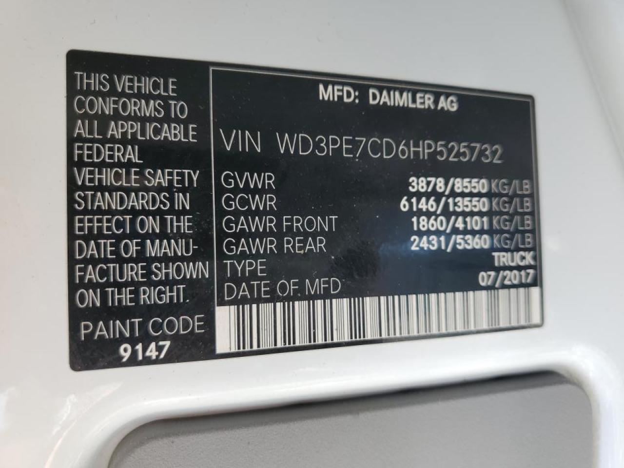 2017 Mercedes-Benz Sprinter 2500 VIN: WD3PE7CD6HP525732 Lot: 92266765