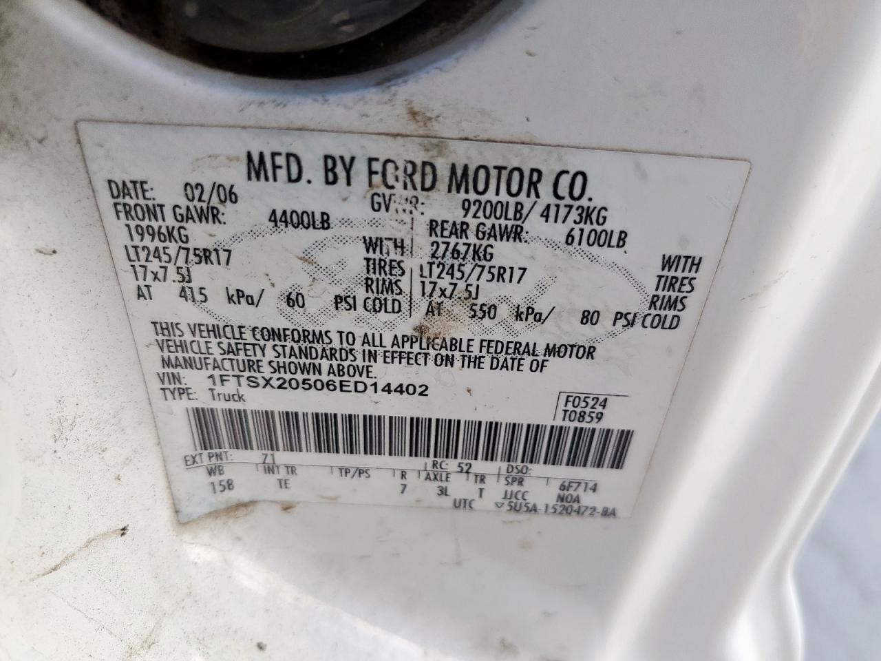 2006 Ford F250 Super Duty VIN: 1FTSX20506ED14402 Lot: 85001285