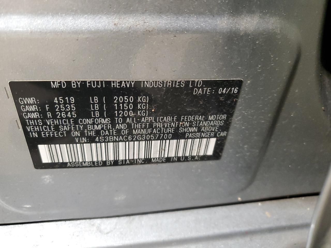 2016 Subaru Legacy 2.5I Premium VIN: 4S3BNAC62G3057700 Lot: 90858235