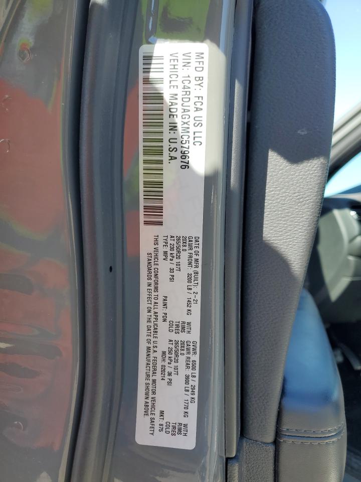 2021 Dodge Durango Sxt VIN: 1C4RDJAGXMC579676 Lot: 87240365