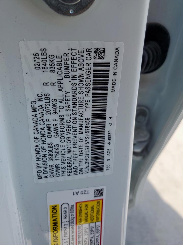 2025 Honda Civic Sport VIN: 2HGFE2F57SH578459 Lot: 85143235