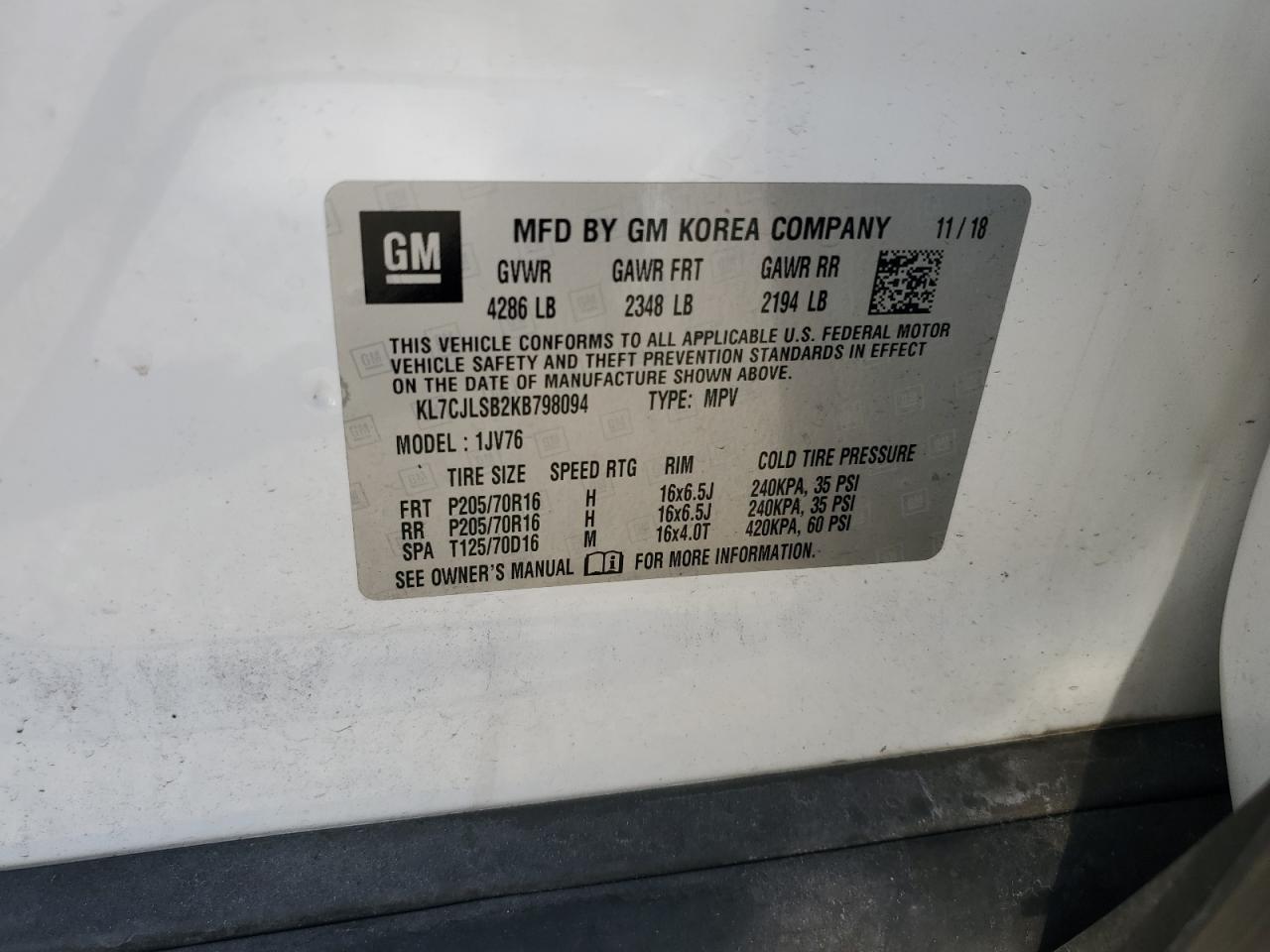 2019 Chevrolet Trax 1Lt VIN: KL7CJLSB2KB798094 Lot: 82191845