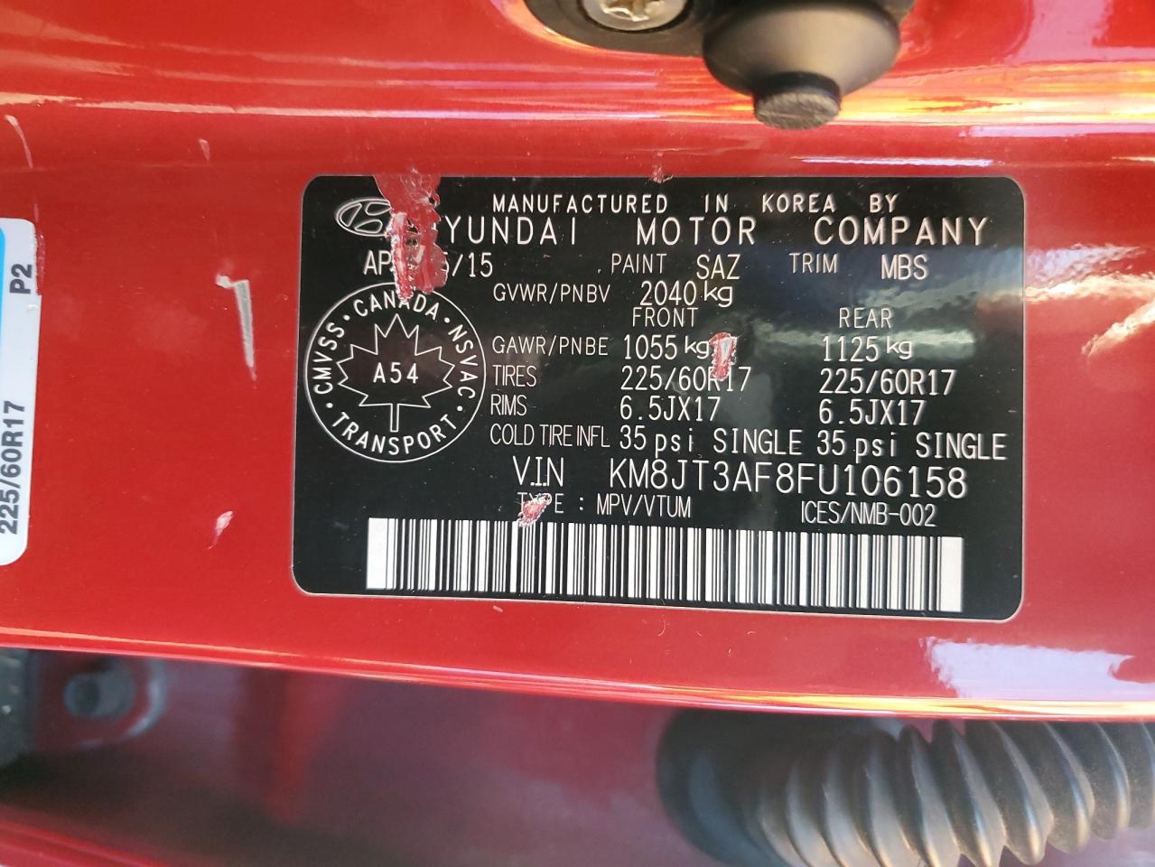 2015 Hyundai Tucson Gls VIN: KM8JT3AF8FU106158 Lot: 80448035