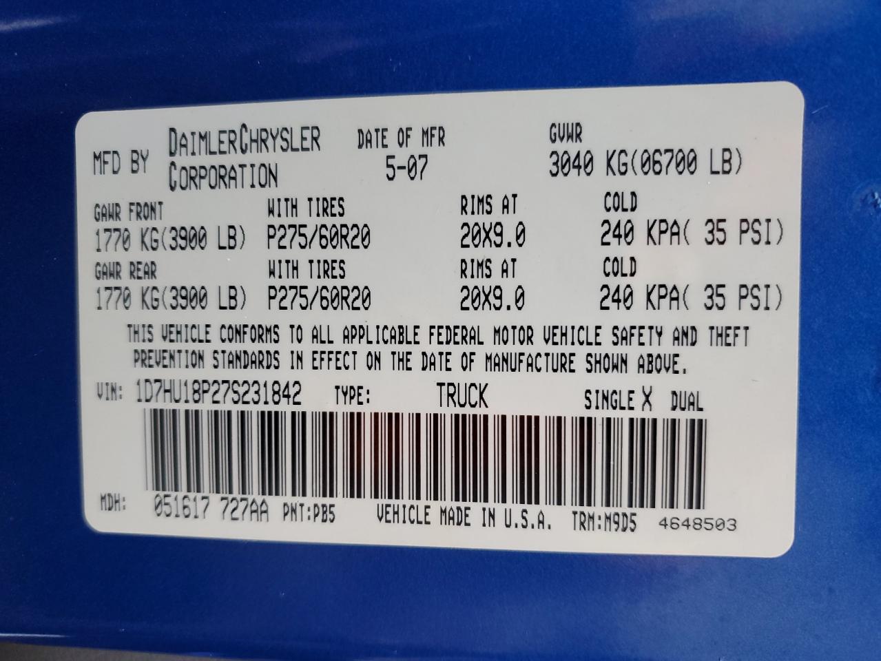 2007 Dodge Ram 1500 St VIN: 1D7HU18P27S231842 Lot: 82770315