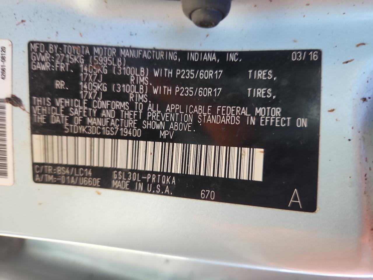 2016 Toyota Sienna Xle VIN: 5TDYK3DC1GS719400 Lot: 86728185