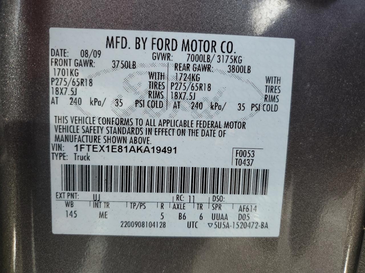 2010 Ford F150 Super Cab VIN: 1FTEX1E81AKA19491 Lot: 82548185