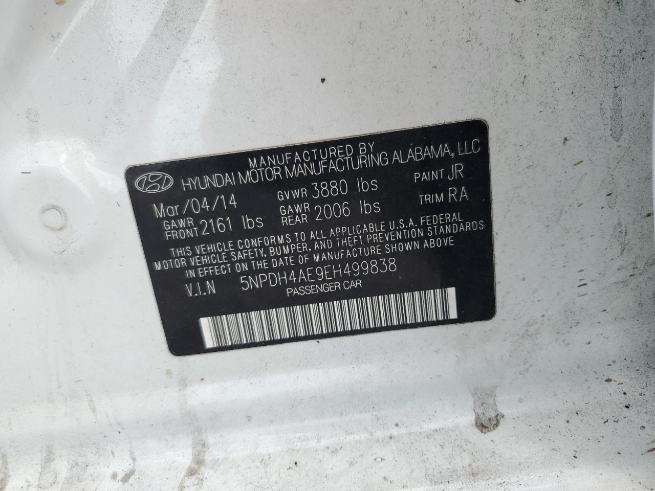 2014 Hyundai Elantra Se VIN: 5NPDH4AE9EH499838 Lot: 85338855