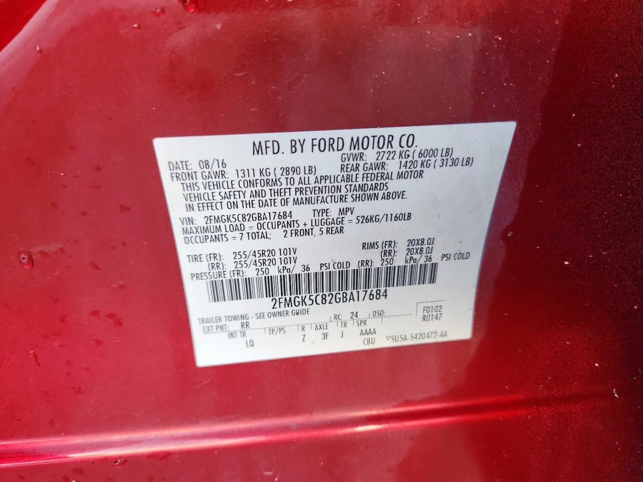 2016 Ford Flex Sel VIN: 2FMGK5C82GBA17684 Lot: 86520375