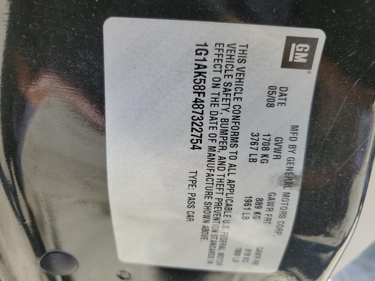 2008 Chevrolet Cobolt VIN: 1G1AK58F487322754 Lot: 81893365