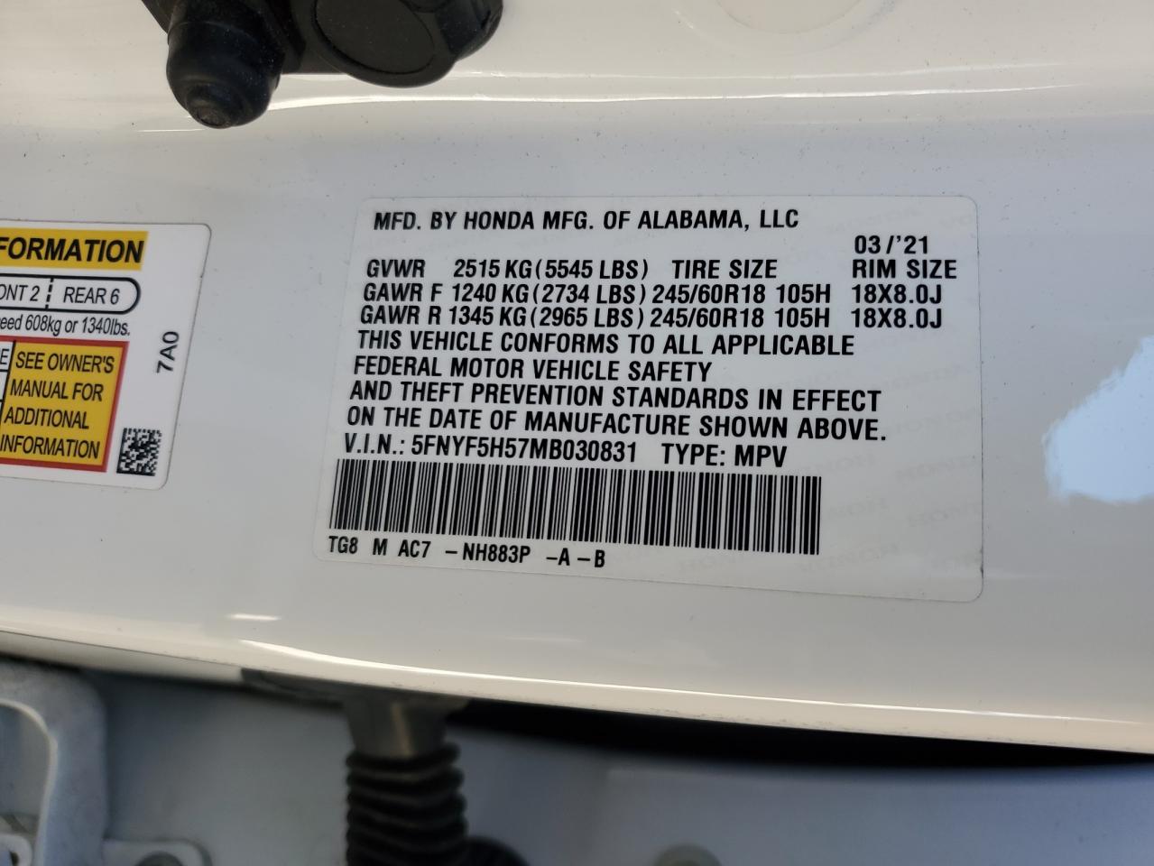 2021 Honda Pilot Exl VIN: 5FNYF5H57MB030831 Lot: 86666585