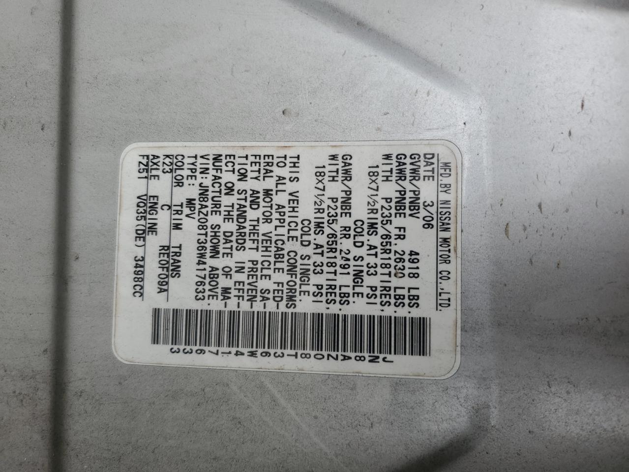 2006 Nissan Murano Sl VIN: JN8AZ08T36W417633 Lot: 90837725