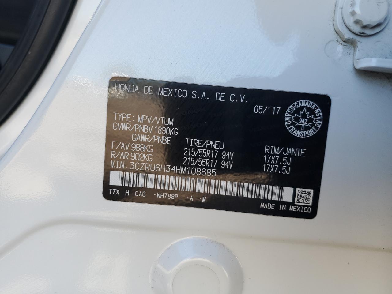 2017 Honda Hr-V Lx VIN: 3CZRU6H34HM108685 Lot: 85271665