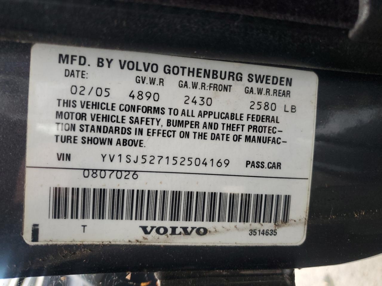 2005 Volvo V70 R VIN: YV1SJ527152504169 Lot: 87125465