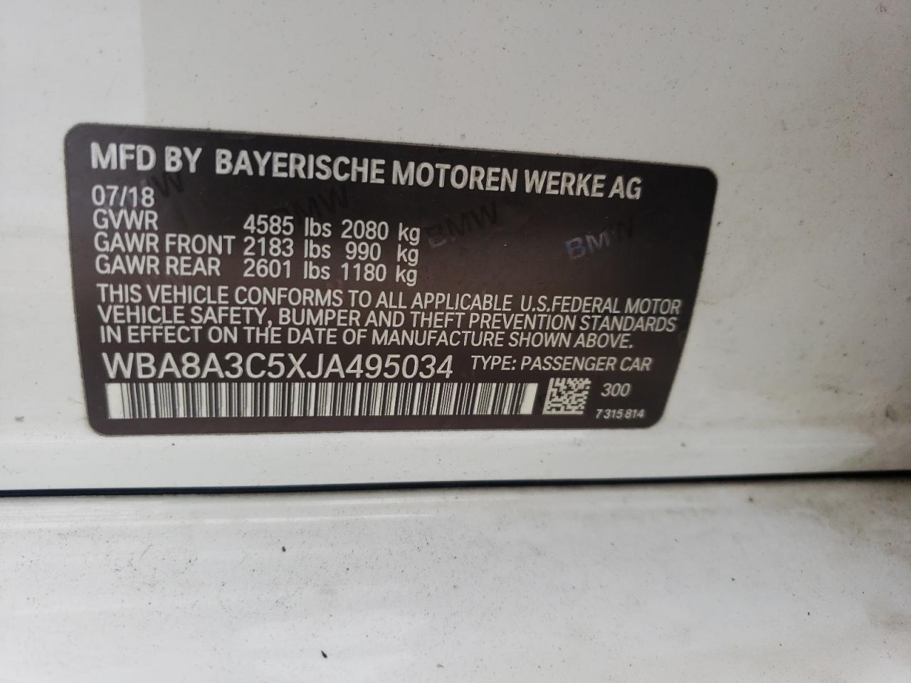2018 BMW 320 Xi VIN: WBA8A3C5XJA495034 Lot: 85262965