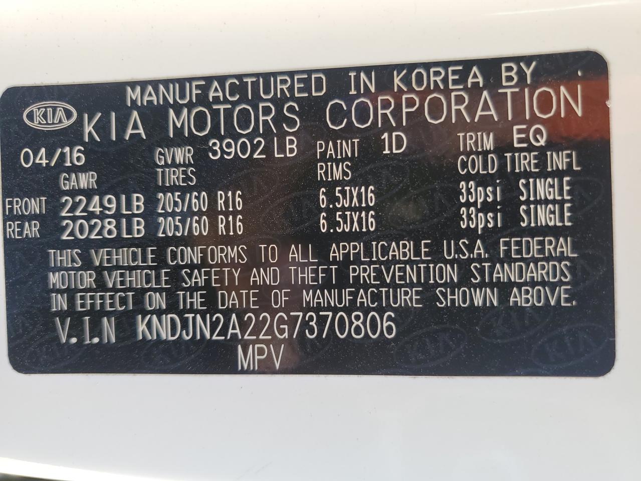 2016 Kia Soul VIN: KNDJN2A22G7370806 Lot: 84943775