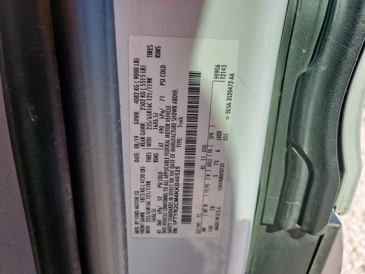 2019 Ford Transit T-250 VIN: 1FTYR2CM4KKB46525 Lot: 90914245