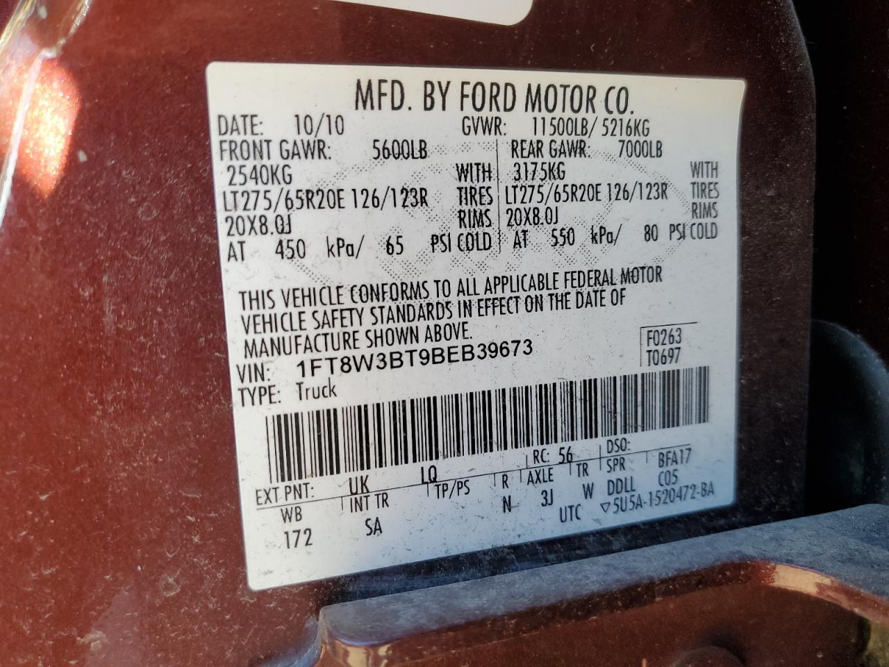2011 Ford F350 Super Duty VIN: 1FT8W3BT9BEB39673 Lot: 85859615