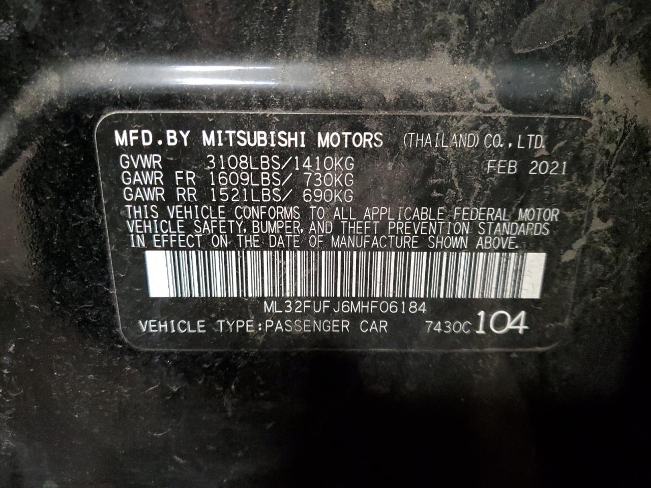 2021 Mitsubishi Mirage G4 Es VIN: ML32FUFJ6MHF06184 Lot: 86822305