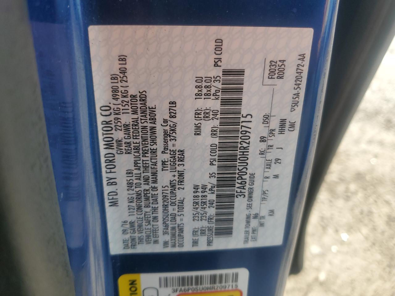 2017 Ford Fusion Titanium Phev VIN: 3FA6P0SU0HR209715 Lot: 90651895