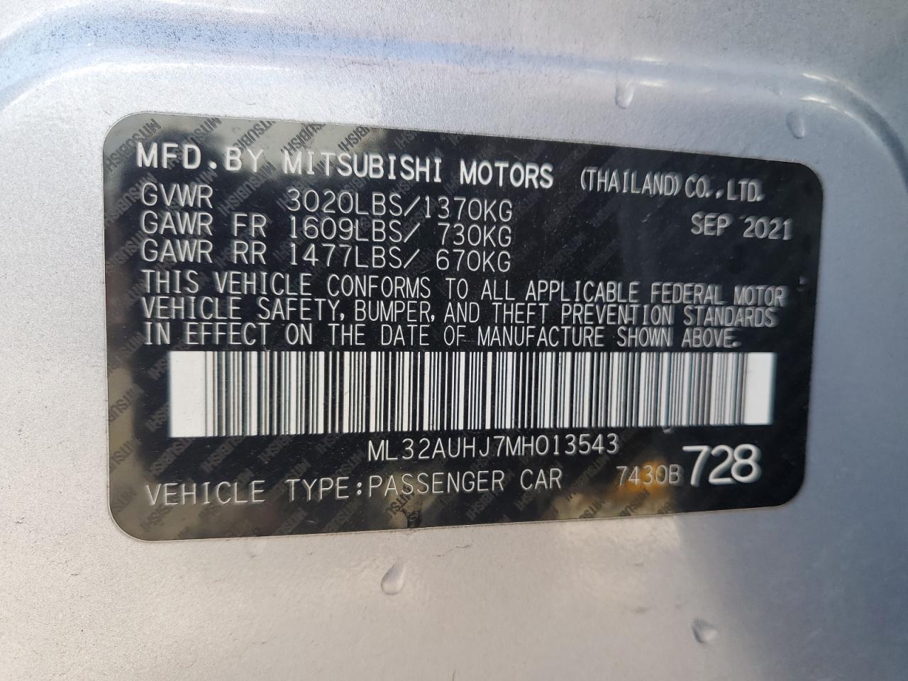 2021 Mitsubishi Mirage Es VIN: ML32AUHJ7MH013543 Lot: 85846465