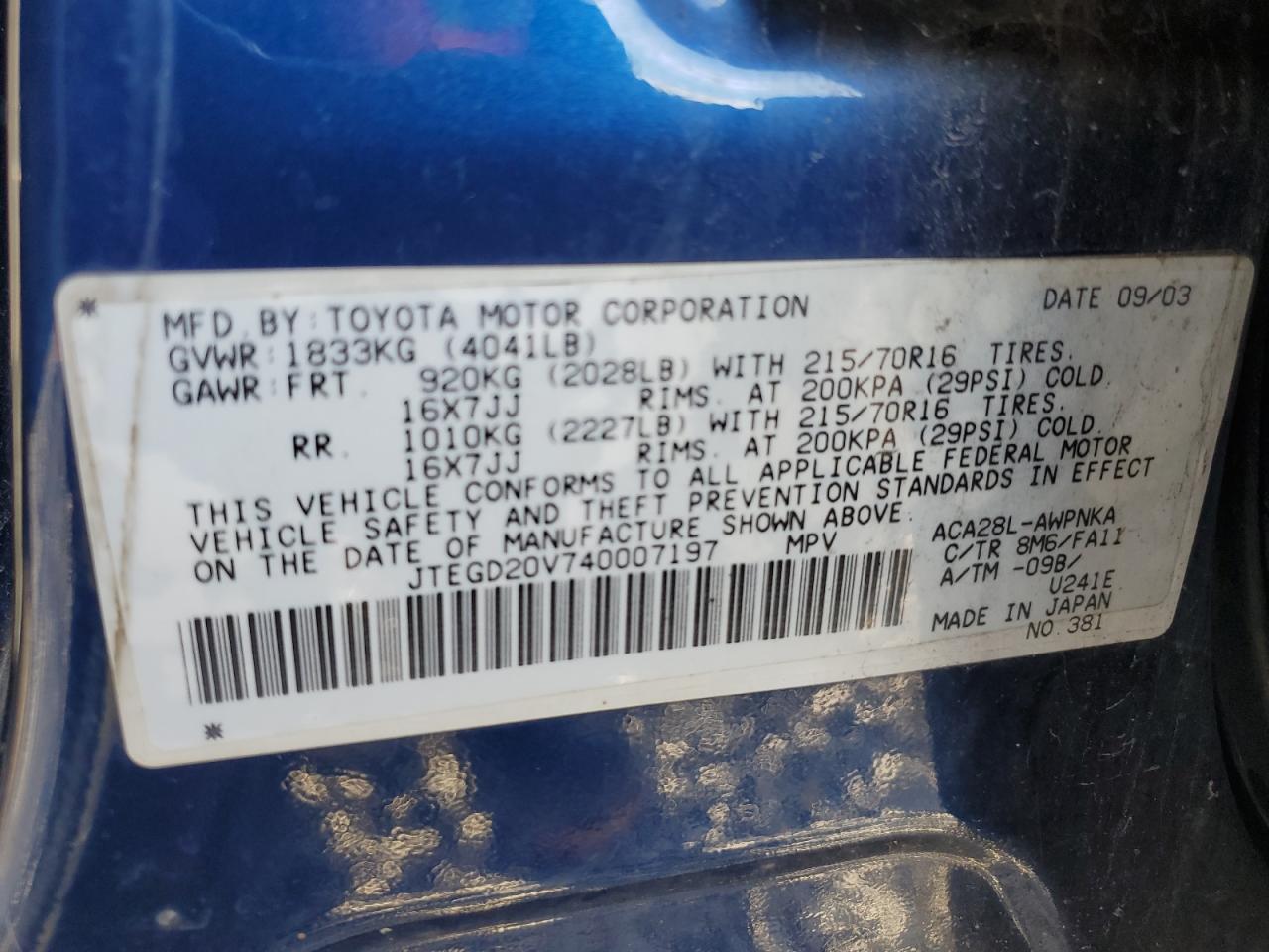 2004 Toyota Rav4 VIN: JTEGD20V740007197 Lot: 85158745
