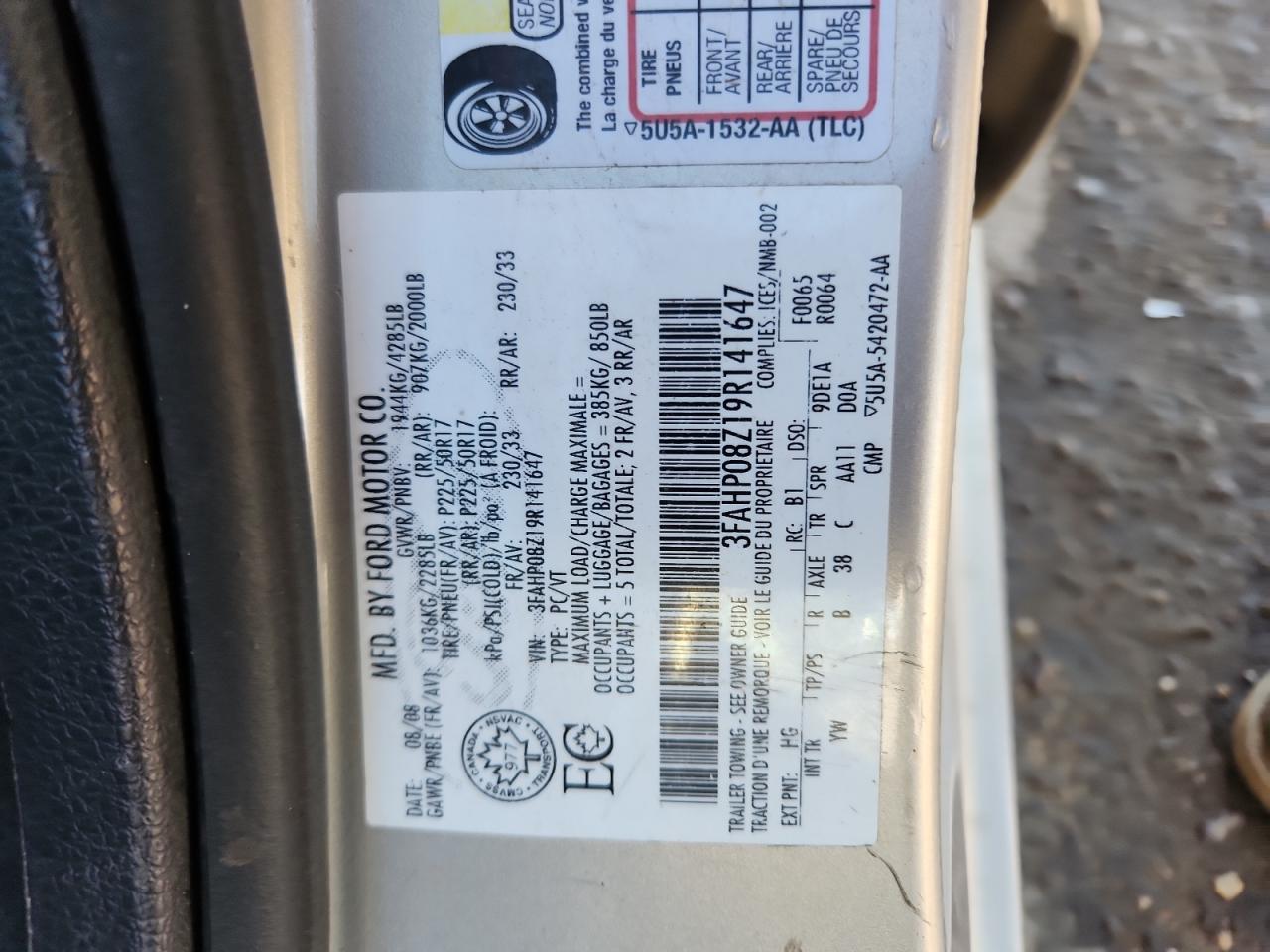 2009 Ford Fusion Sel VIN: 3FAHP08Z19R141647 Lot: 87197775