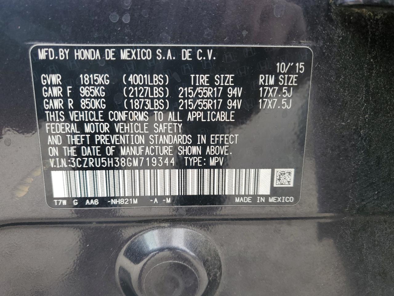 2016 Honda Hr-V Lx VIN: 3CZRU5H38GM719344 Lot: 85840185