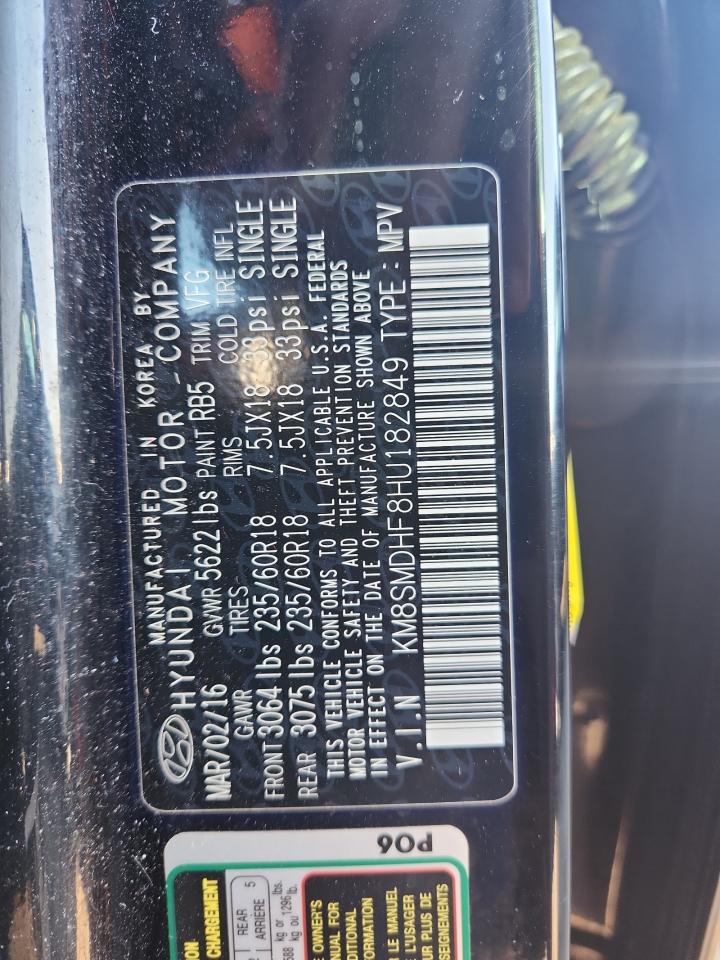 2017 Hyundai Santa Fe Se VIN: KM8SMDHF8HU182849 Lot: 87197005