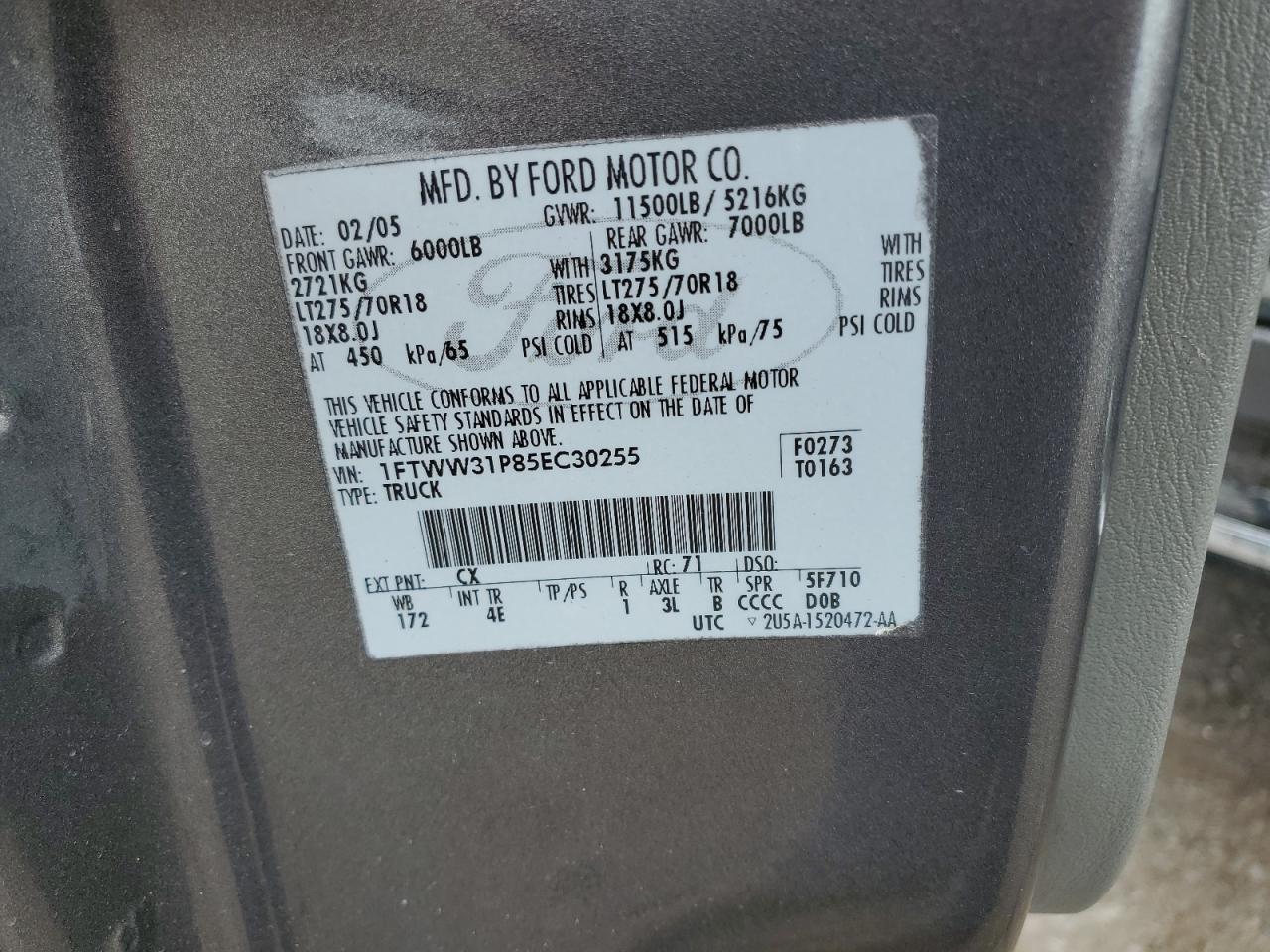 2005 Ford F350 Srw Super Duty VIN: 1FTWW31P85EC30255 Lot: 82692755