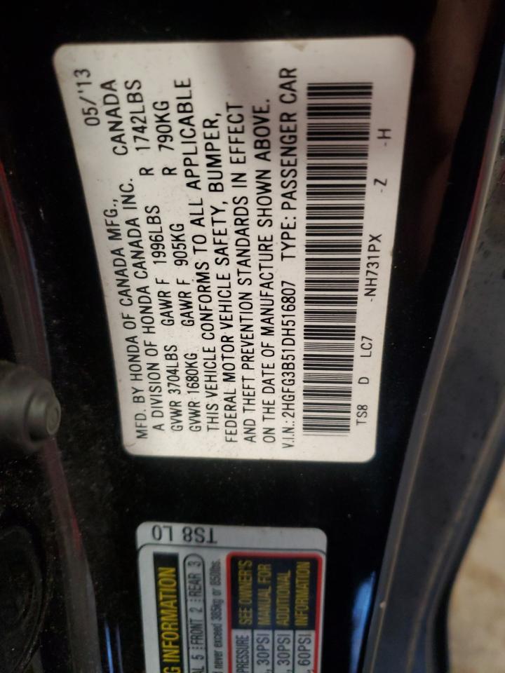 2013 Honda Civic Lx VIN: 2HGFG3B51DH516807 Lot: 83841505