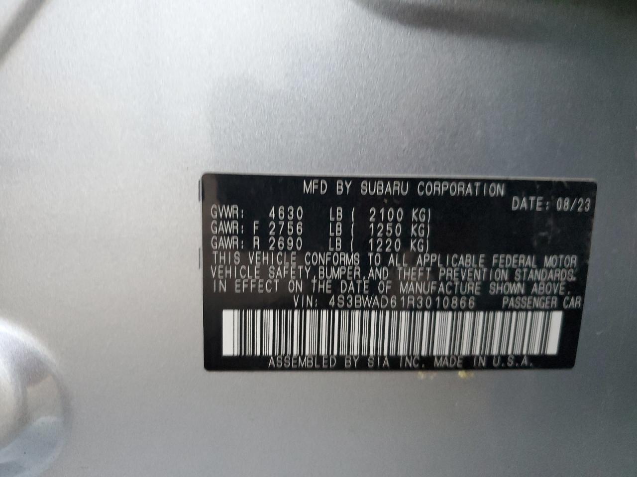 2024 Subaru Legacy Premium VIN: 4S3BWAD61R3010866 Lot: 86240895