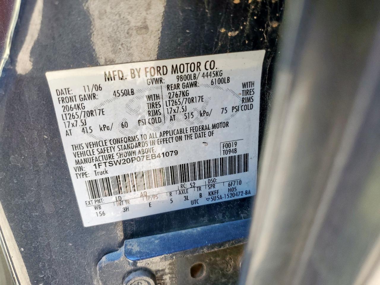 2007 Ford F250 Super Duty VIN: 1FTSW20P07EB41079 Lot: 86310955