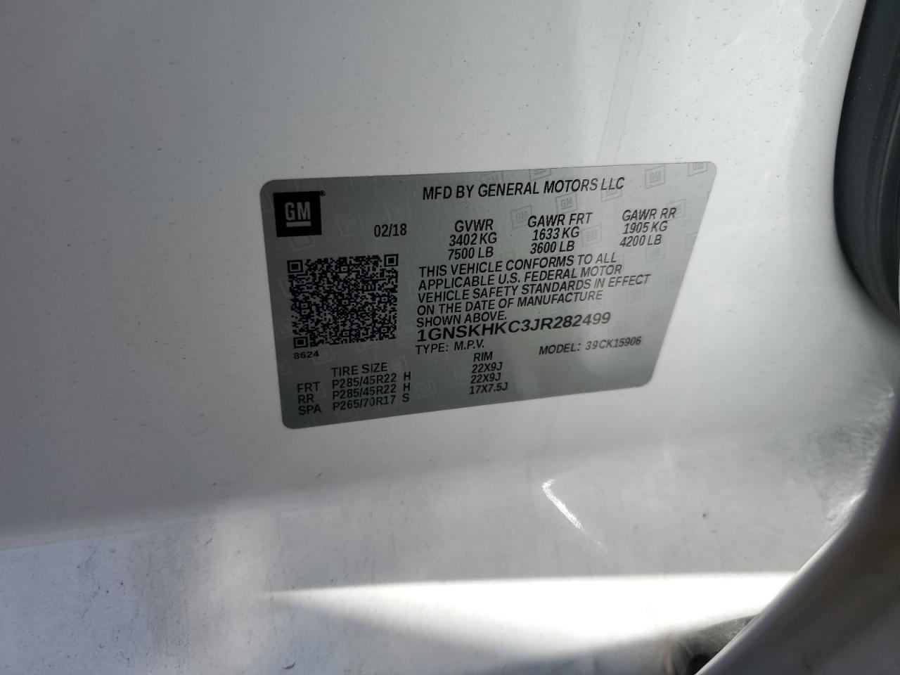 2018 Chevrolet Suburban K1500 Lt VIN: 1GNSKHKC3JR282499 Lot: 82163735