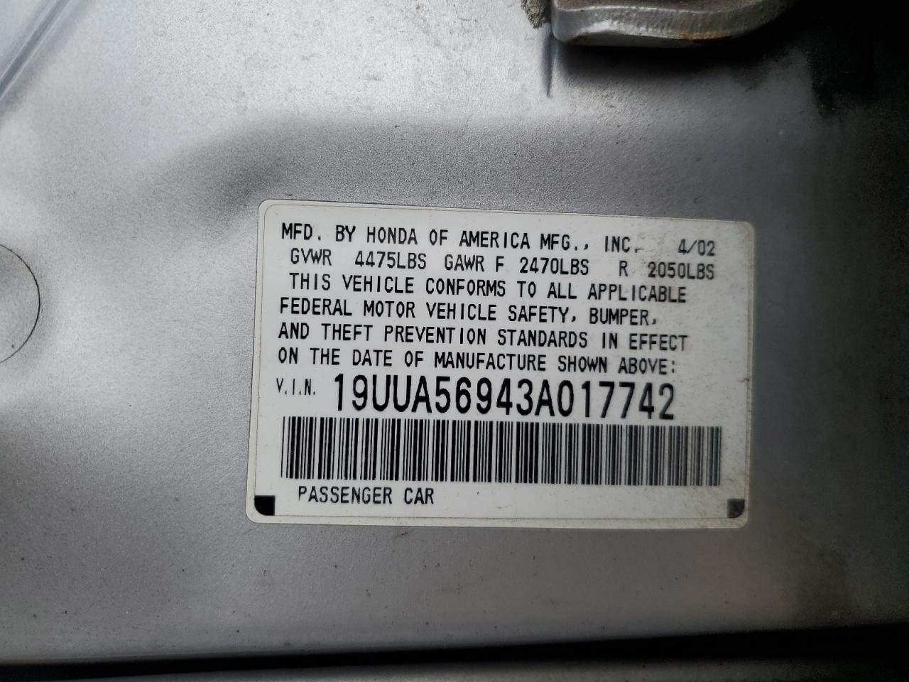 2003 Acura 3.2Tl Type-S VIN: 19UUA56943A017742 Lot: 82435775