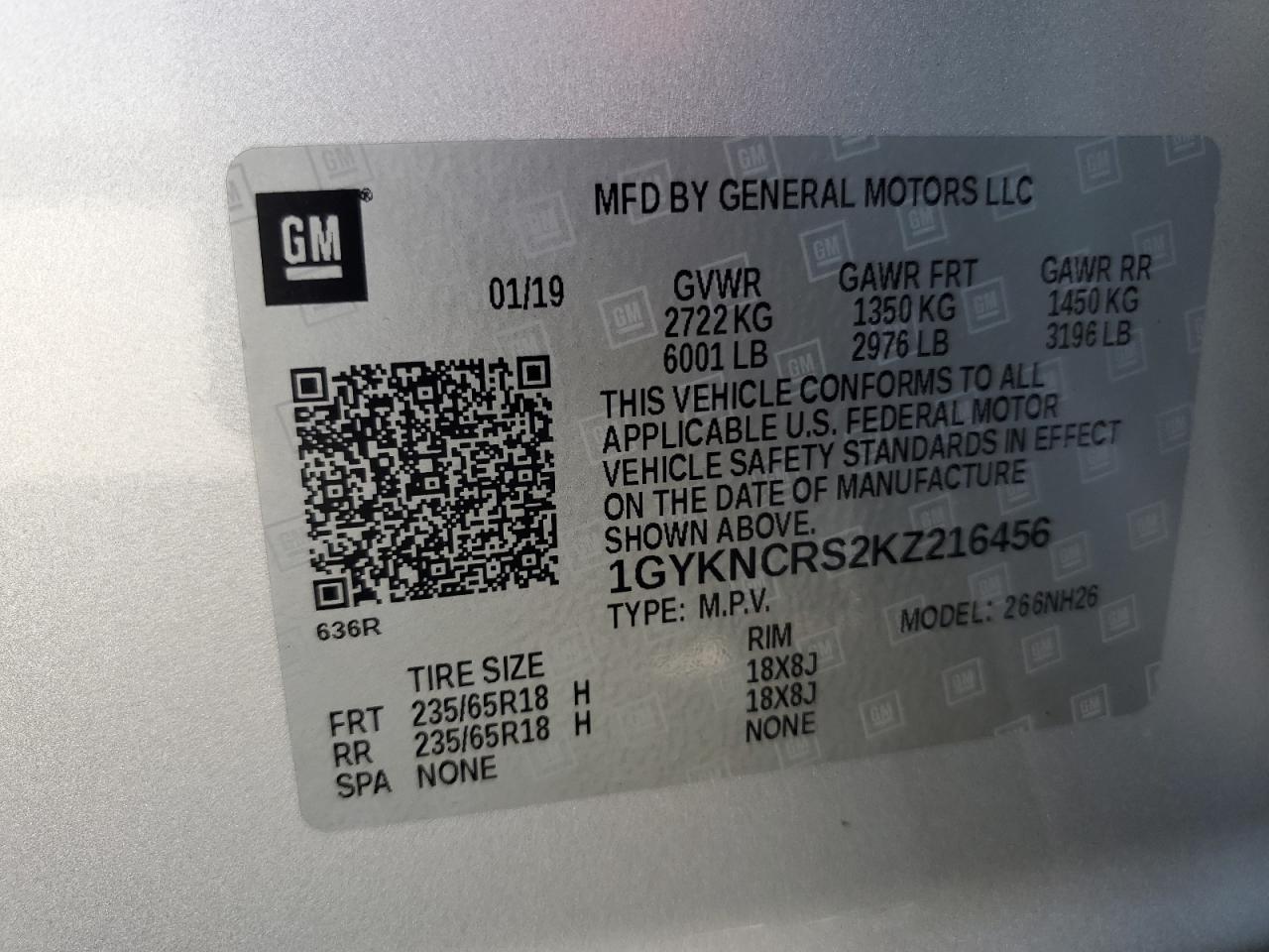 2019 Cadillac Xt5 Luxury VIN: 1GYKNCRS2KZ216456 Lot: 87103555