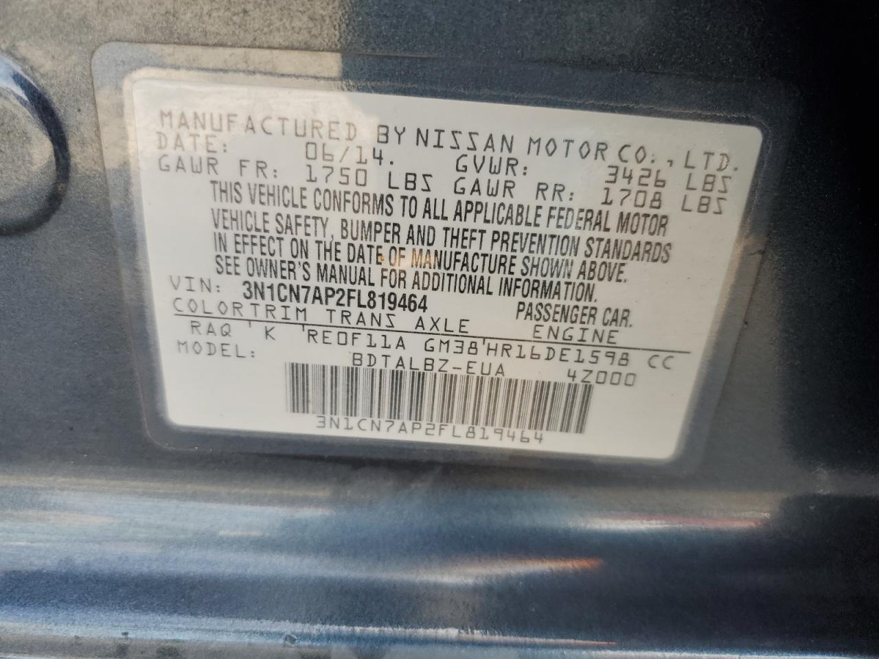 2015 Nissan Versa S VIN: 3N1CN7AP2FL819464 Lot: 84250585