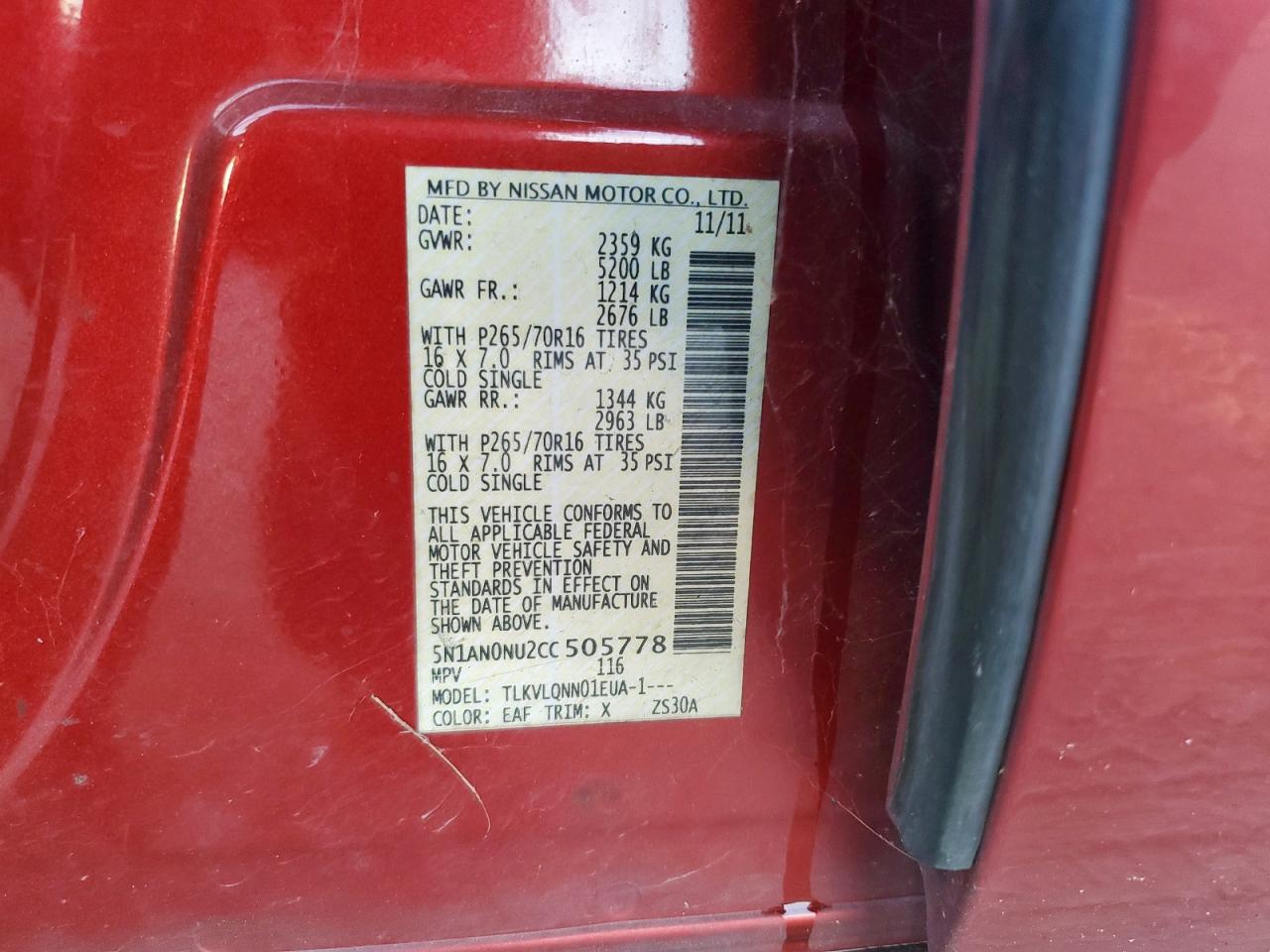 2012 Nissan Xterra Off Road VIN: 5N1AN0NU2CC505778 Lot: 85464925